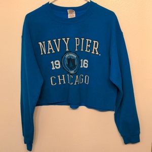 teal blue cut off crop sweatshirt Navy Pier Chicago souvenir crew neck with cuff